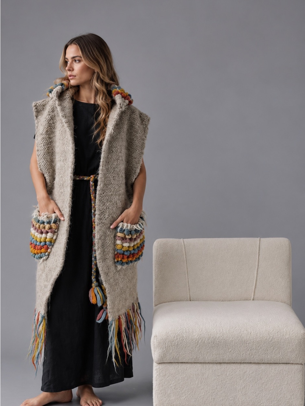 Multicolor Trim Hooded Faux-Shearling Long Vest